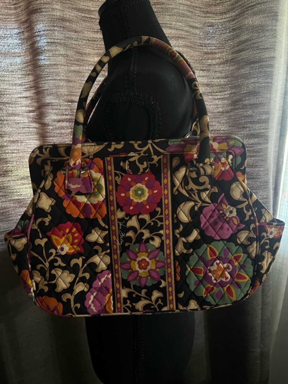 Vera Bradley Black Quilted Floral Tote with Multicolor Accents